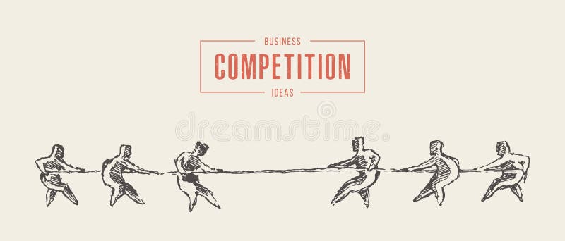 Two teams rope competition contest concept vector. Two teams pulling the rope in different directions. Competition, contest concept. Hand drawn vector royalty free illustration