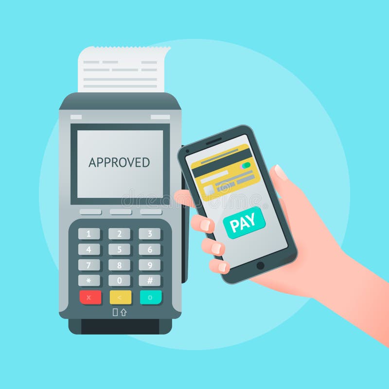 Mobile wireless payment concept. Vector illustration of pos terminal, mobile phone in hand stock illustration