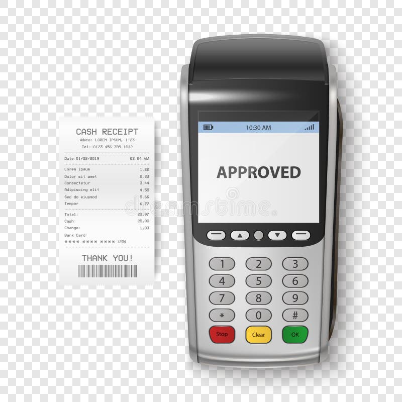 Vector Realistic Silver 3d Payment Machine. POS Terminal with Receipt Closeup Isolated. Design Template of Bank Payment royalty free illustration