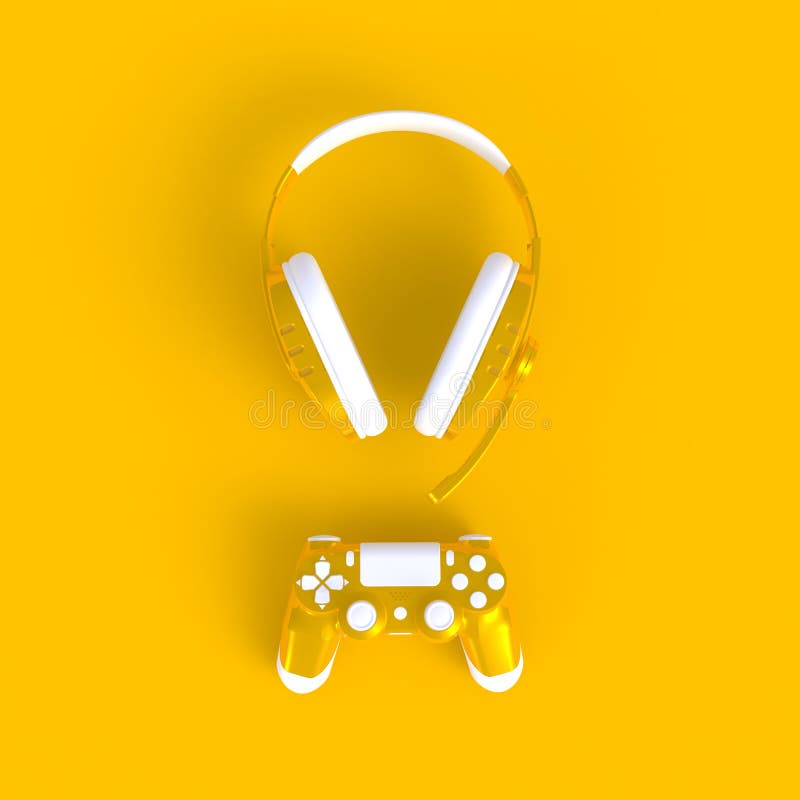 Yellow joystick with yellow headphones on yellow table background, Computer game competition, Gaming concept. 3D rendering stock illustration