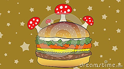 Cheeseburger and stars fly agaric. Usual cheeseburger and the growing poisonous fly agarics stock illustration